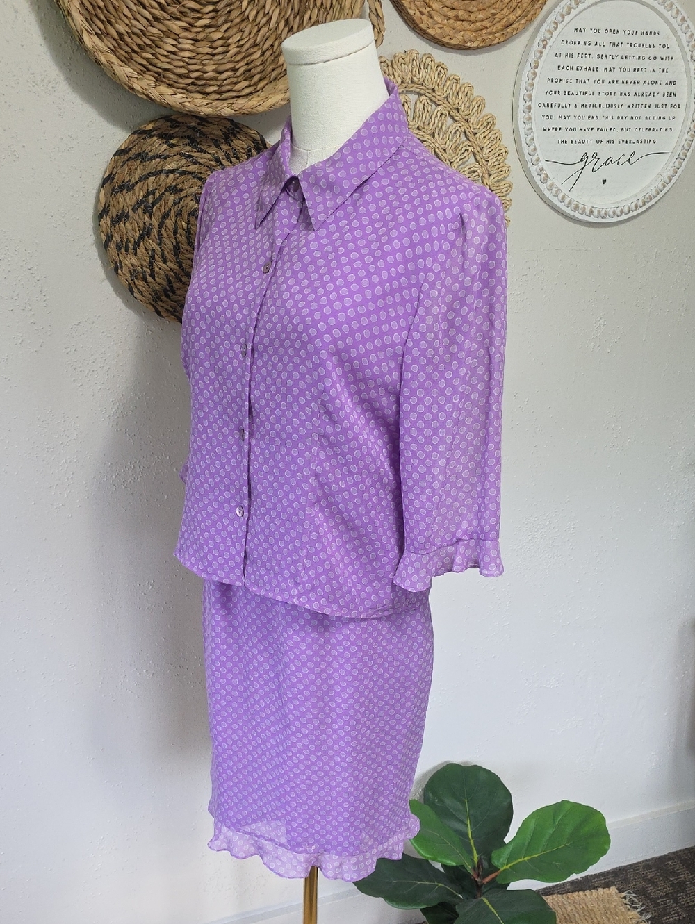 Vintage 100% Silk Lavander Polka Dot Ruffled Airy Coordinated Skirt Set Women 8P